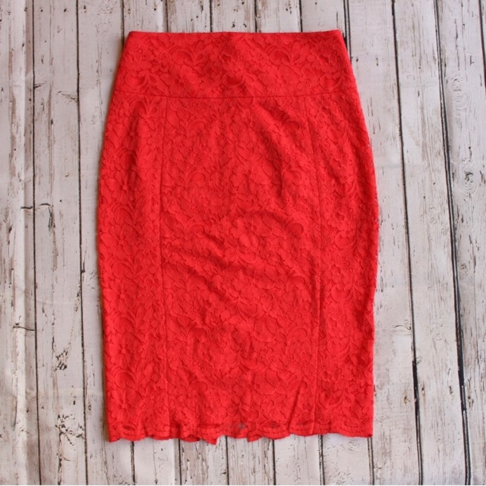 Express Coral Lace Midi Pencil Skirt